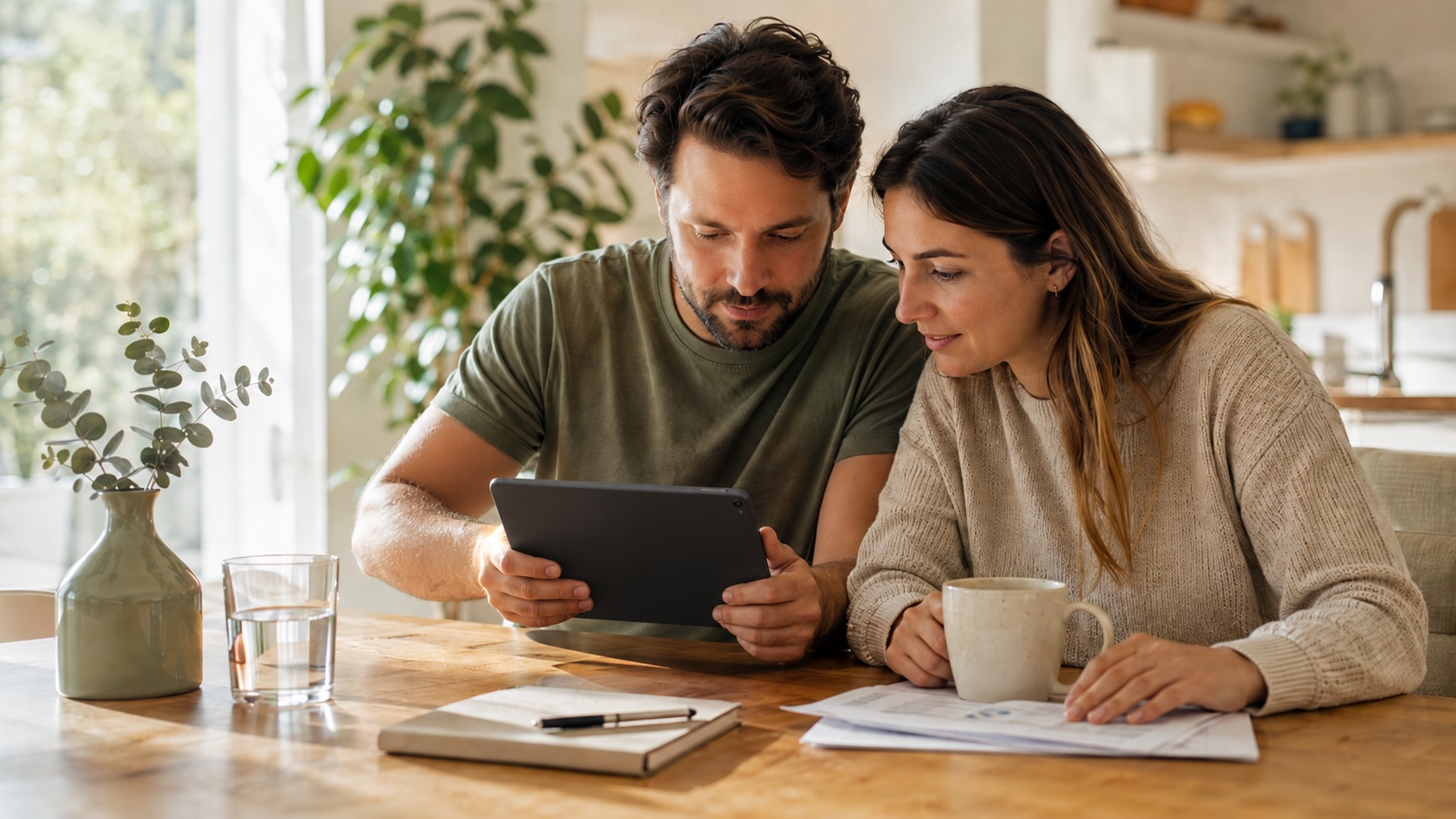 A couple reviewing their finances together on a tablet at their kitchen table